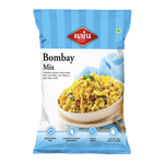 Raju Namkeen Bombay Mix snack pack with a bowl of spicy mixed Indian snacks