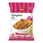 Raju Namkeen Manglori Mix snack pack featuring a bowl of crunchy South Indian snack mix with nuts and green peas