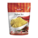 Raju Namkeen Nylon Sev snack pack showing finely textured fried gram flour noodles in a white bowl