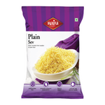 Raju Namkeen Plain Sev packet showing a bowl of fine, crispy gram flour sev on a purple background