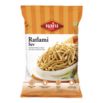 Raju Namkeen Ratlami Sev snack pack with thick spicy fried gram flour noodles in a white bowl