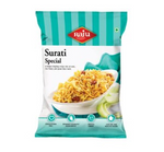 Raju Namkeen Surati Special snack pack featuring a mix of sev, poha, and gram flour balls in a white bowl
