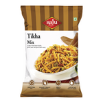 Raju Namkeen Tikha Mix snack pack showing spicy mixture of lentils, green peas, and gram flour in a white bowl
