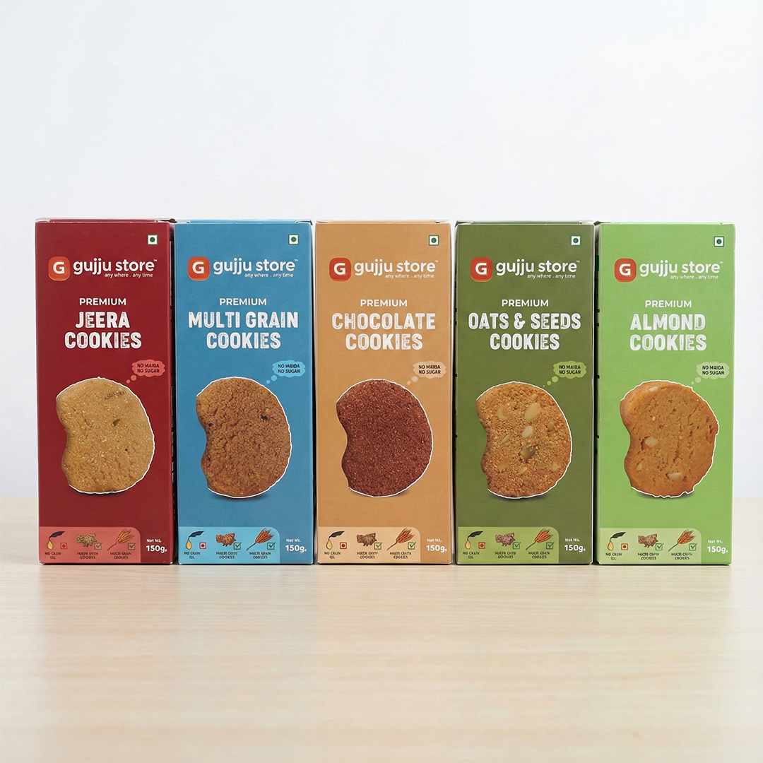 Gujju Store Premium Cookies Combo – 5 Flavours – No Maida, No Sugar – 150g Each