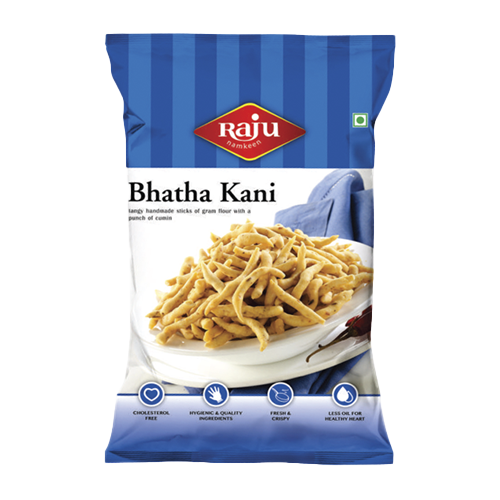 Raju Namkeen Bhatha Kani snack pack with gram flour sticks on a plate