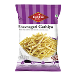 Raju Namkeen Bhavnagari Gathiya snack pack with crunchy gram flour crisps on a white plate