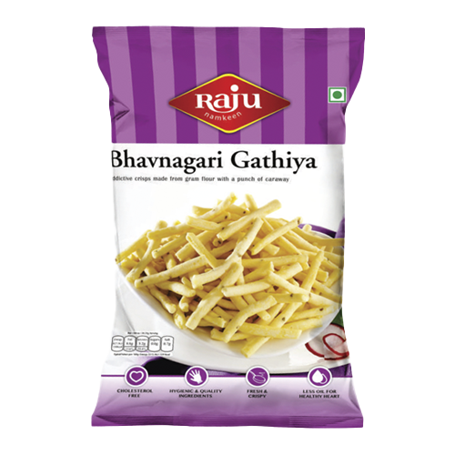 Raju Namkeen Bhavnagari Gathiya snack pack with crunchy gram flour crisps on a white plate