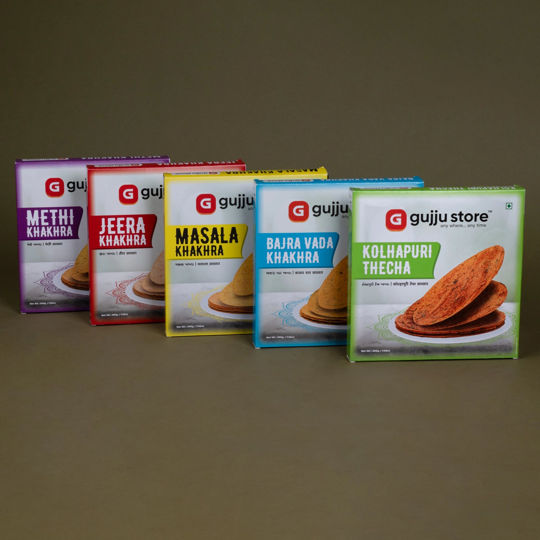 Khakhra Combo Pack – 5 Flavors Including Kolhapuri Thecha, Bajra Vada, Masala, Jeera, and Methi. Buy Flavored Khakhra Online in India
